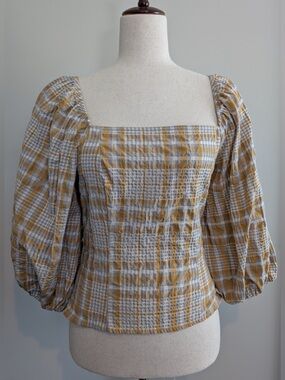 Anthropologie Maeve Plaid Square-Neck Blouse 3/4 Sleeve Yellow Plaid NWT Size S